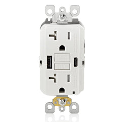 Leviton GFCI USB Type A-C Combination Receptacle, 20 Amp Tamper-Resistant, Smartlock Pro Self-Test, GUAC2-00W, White