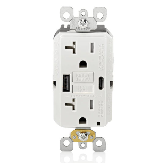 Leviton GFCI USB Type A-C Combination Receptacle, 20 Amp Tamper-Resistant, Smartlock Pro Self-Test, GUAC2-00W, White
