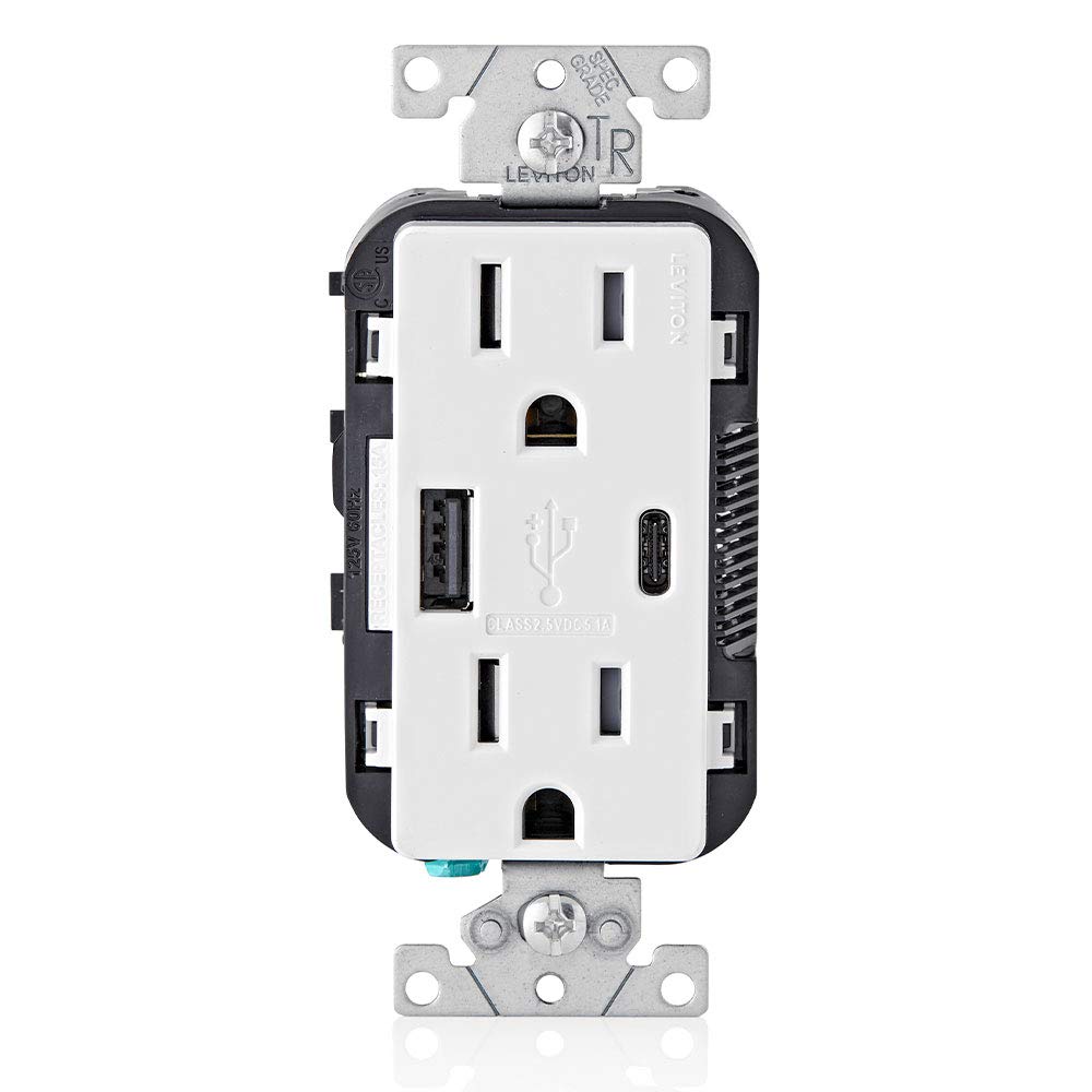 Leviton USB Type A-C Receptacle, 15 Amp Tamper-Resistant, T5633-00W, White