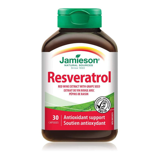 Jamieson Resveratrol, Grape Seed, Trans-Resveratrol, Potent Antioxidant, and Supports Cardiovascular Health. Non-GMO, Gluten-Free, 30 Vegetarian Capsules, Proudly Canadian