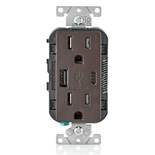 Leviton USB Type A-C Receptacle, 15 Amp Tamper-Resistant, T5633-00B, Brown