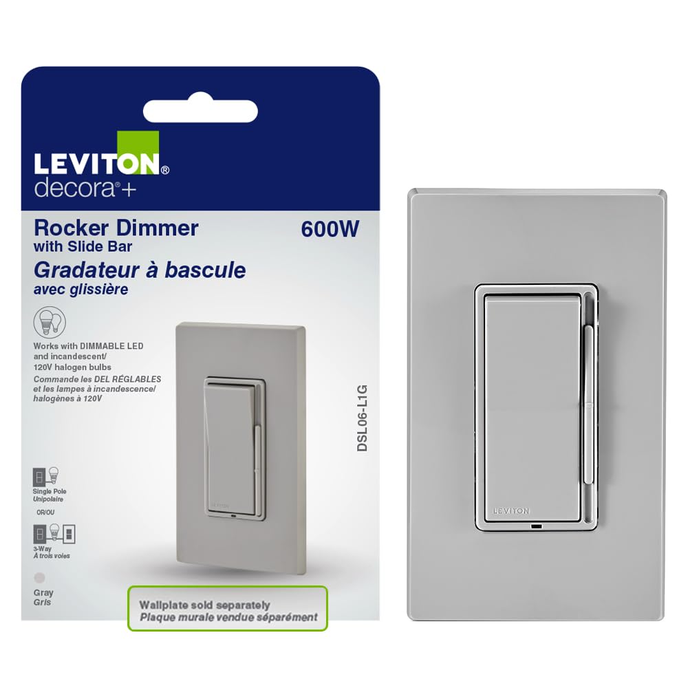 Leviton Decora Dimmer with Slide Bar and Rocker Switch, 15 Amp, DSL06-L1G, Grey