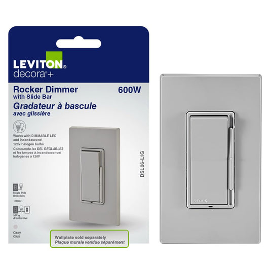 Leviton Decora Dimmer with Slide Bar and Rocker Switch, DSL06-L1G, Grey