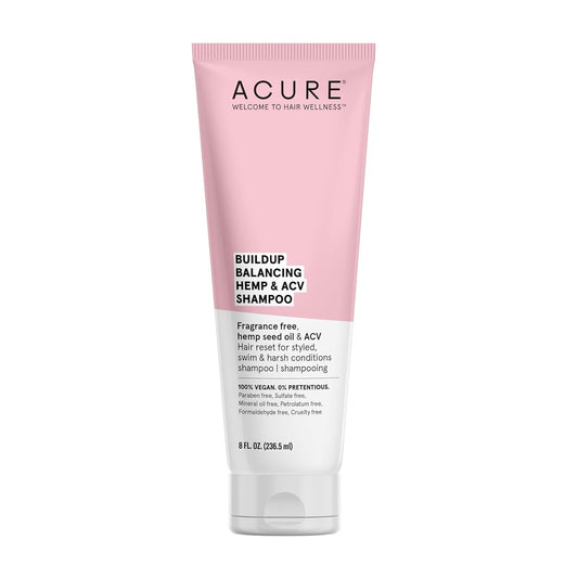 Acure - Buildup Balancing Hemp & ACV Shampoo, 8 fl oz - Fragrance Free, Hemp Seed Oil and Apple Cider Vinegar Formula for Sensitive Noses and Scalps - Reset Your Hair’s Balance with ph