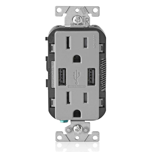 Leviton Decora USB Dual Type A Receptacle 3.6 Amp, 15 Amp Tamper-Resistant, T5632-0GY, Grey