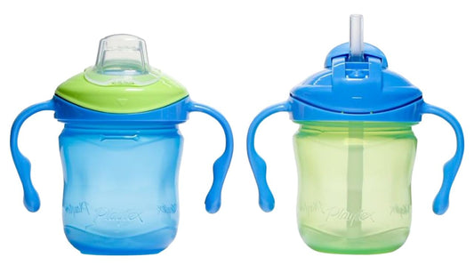 Playtex Baby Sipsters for 4+ Months, 6 Ounces (2 Count), Blue & Green, 1 Straw Sippy Cup and 1 Soft Spout Toddler Water Bottle for Kids, Easy-grip, No Spill Baby Cups with Transition Handles, Stage 1