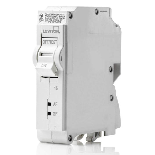 Leviton Plug-On AFCI/GFCI Branch Circuit Breaker, 15 Amp 1-Pole, Thermal Magnetic, 120 VAC, LB115-DFT, White