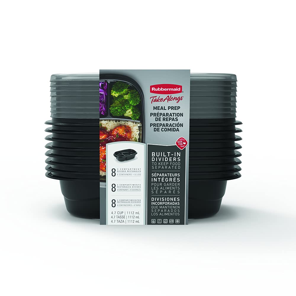Rubbermaid TakeAlongs Divided Meal Prep Containers, 1.1 L (4.7 Cup), Black, 8 Pack