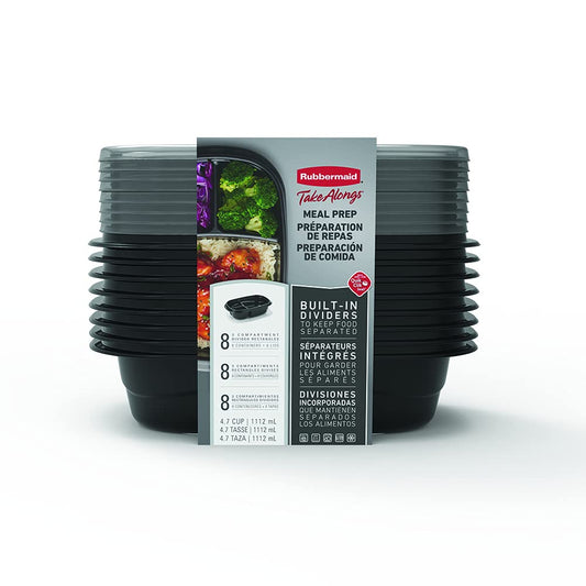 Rubbermaid TakeAlongs Divided Meal Prep Containers, 1.1 L (4.7 Cup), Black, 8 Pack