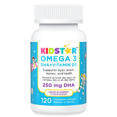KidStar Nutrients - Omega 3 with Vitamin D3, 120 Chewable Softgels 60-Day Supply - 250mg DHA & 50mg EPA - Lemon Blueberry Flavour - Supports Eyes, Brain, Bones and Teeth - Non-GMO, Sugar & Gluten-Free