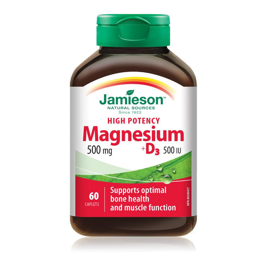 Jamieson High Potency Magnesium 500 mg with Vitamin D3 500 IU, High Absorption, 5 Magnesium Sources, Supports Bone Health and Muscle Function. Vegetarian, Non-GMO, Gluten-Free, 60 Caplets, Proudly Canadian