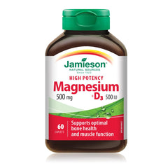 Jamieson High Potency Magnesium 500 mg with Vitamin D3 500 IU, High Absorption, 5 Magnesium Sources, Supports Bone Health and Muscle Function. Vegetarian, Non-GMO, Gluten-Free, 60 Caplets, Proudly Canadian