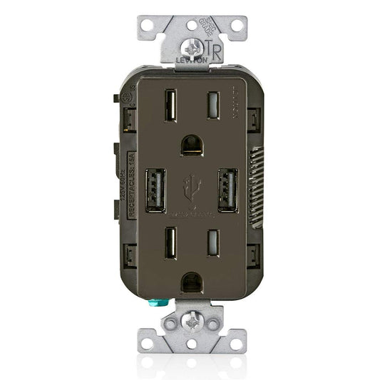 Leviton T5632-B 15-Amp USB Charger/Tamper Resistant Duplex Receptacle, Brown