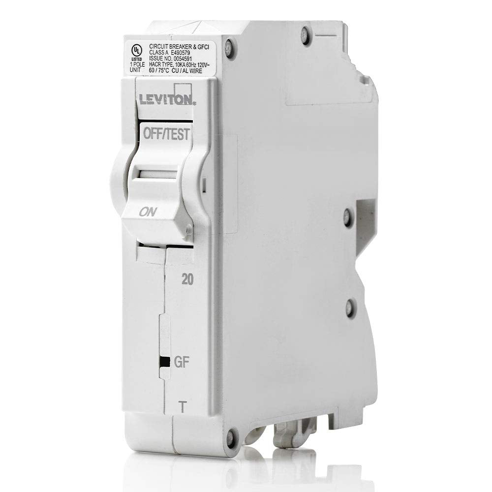 Leviton 1-Pole Plug-On GFCI Branch Circuit Breaker, 20 Amp, Thermal Magnetic, 120 VAC, LB120-GFT, White