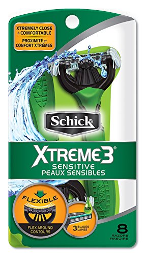 Schick Xtreme 3 Blade Sensitive Skin Disposable Razor for Men, Pack of 8