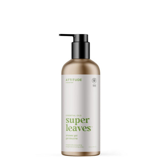 ATTITUDE Shower Gel with Essential Oils, Made in Canada, EWG Verified, Plant and Mineral-Based Ingredients, Vegan Personal Care Products, Refillable Aluminum Bottle, Bergamot and Ylang Ylang, 473 ml