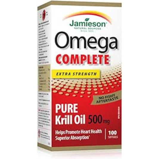 Jamieson Omega Complete Pure Krill Oil 500 mg, 100 Softgels, No Fishy Aftertaste, Supports Heart Health, and Provides Superior Absorption. With Antarctic Krill Oil. Proudly Canadian
