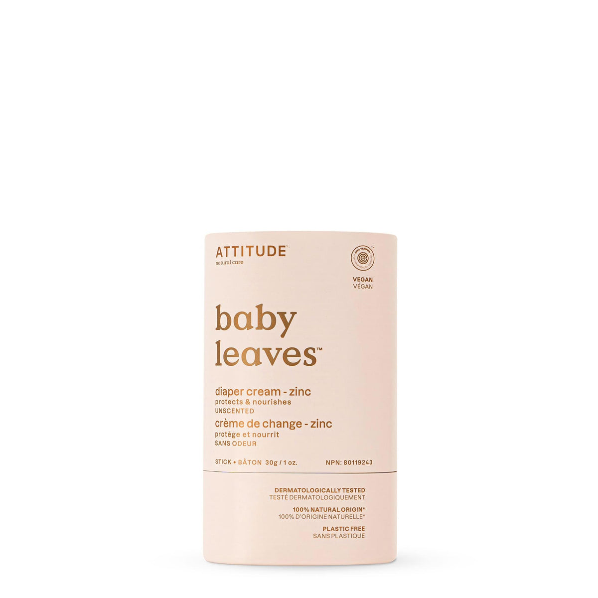 ATTITUDE Plastic-Free Diaper Cream Bar with Zinc for Baby, Made in Canada, EWG Verified, Dermatologically Tested, Vegan, Unscented, 30 grams