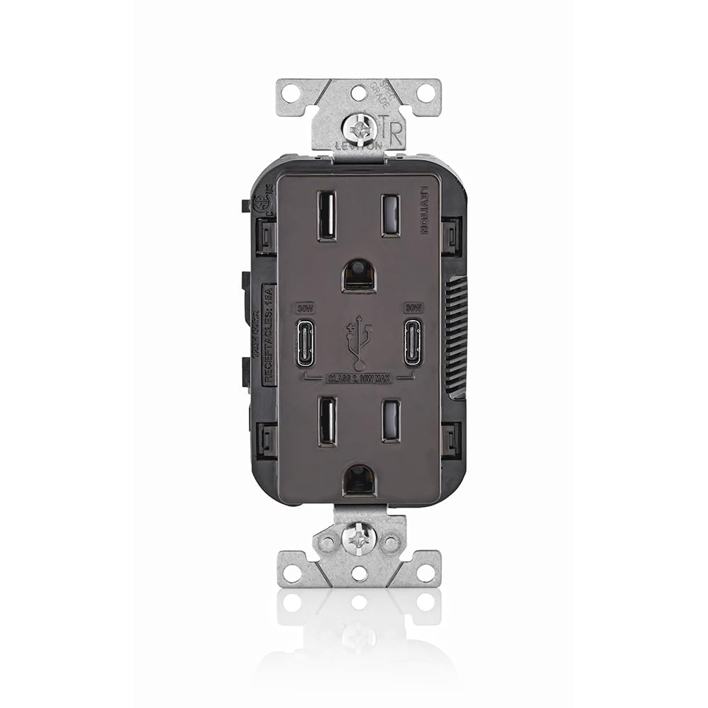 Leviton USB Dual Type C Receptacle 30 W (6 Amp), 15 Amp Tamper-Resistant, T5635-00B, Brown