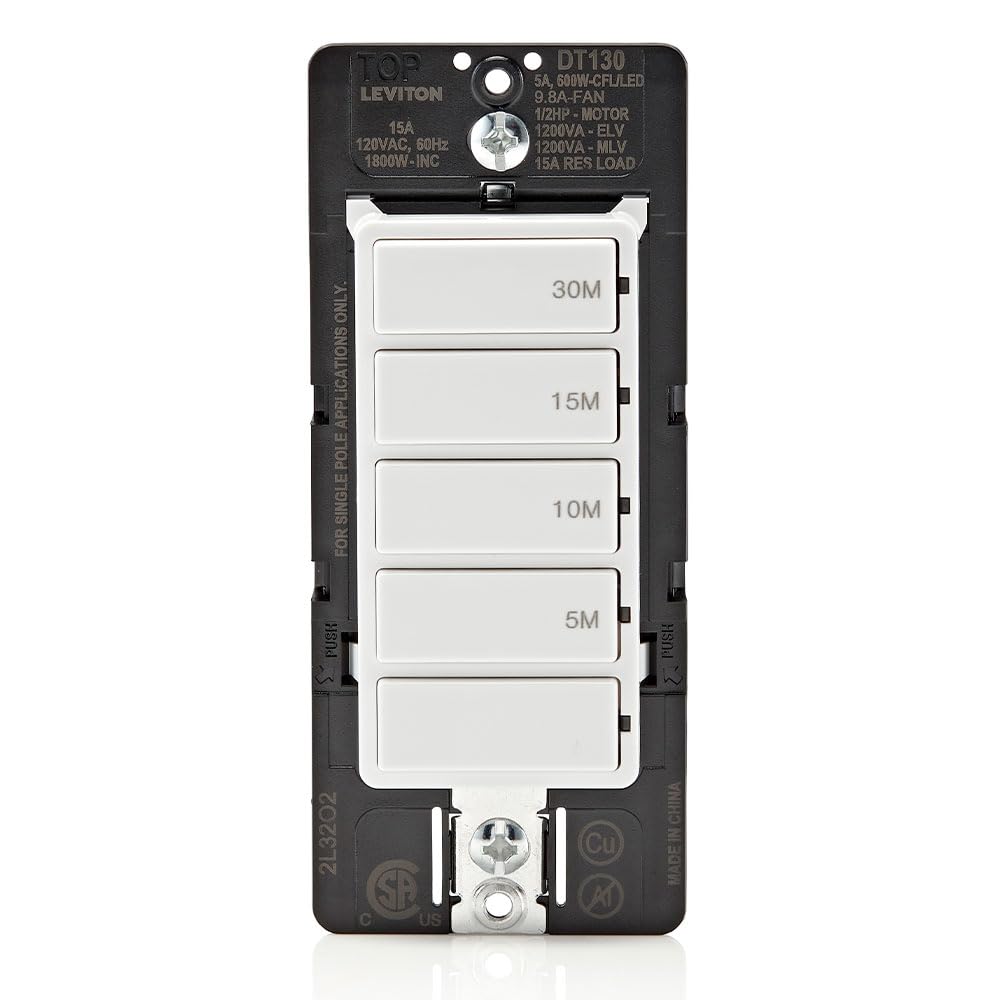 Leviton Countdown Timer Switch, 5-10-15-30 min, No Neutral Required, Single Pole, 15A, 1/2HP/9.8A Fan/Motor, DT130-1LW, White