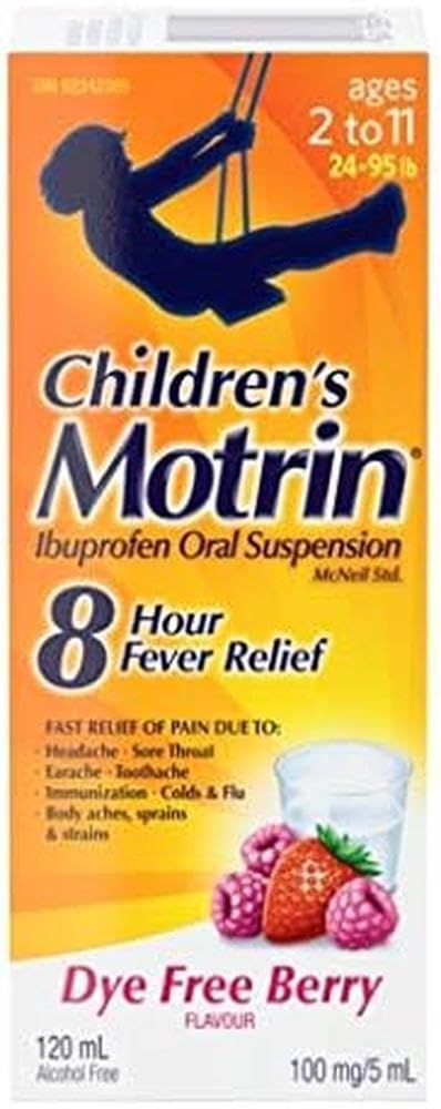 Motrin Children's Liquid Pain Relief, Reduces Fever for up to 8 hours, Ibuprofen, Berry Flavour, Dye Free, 120ml