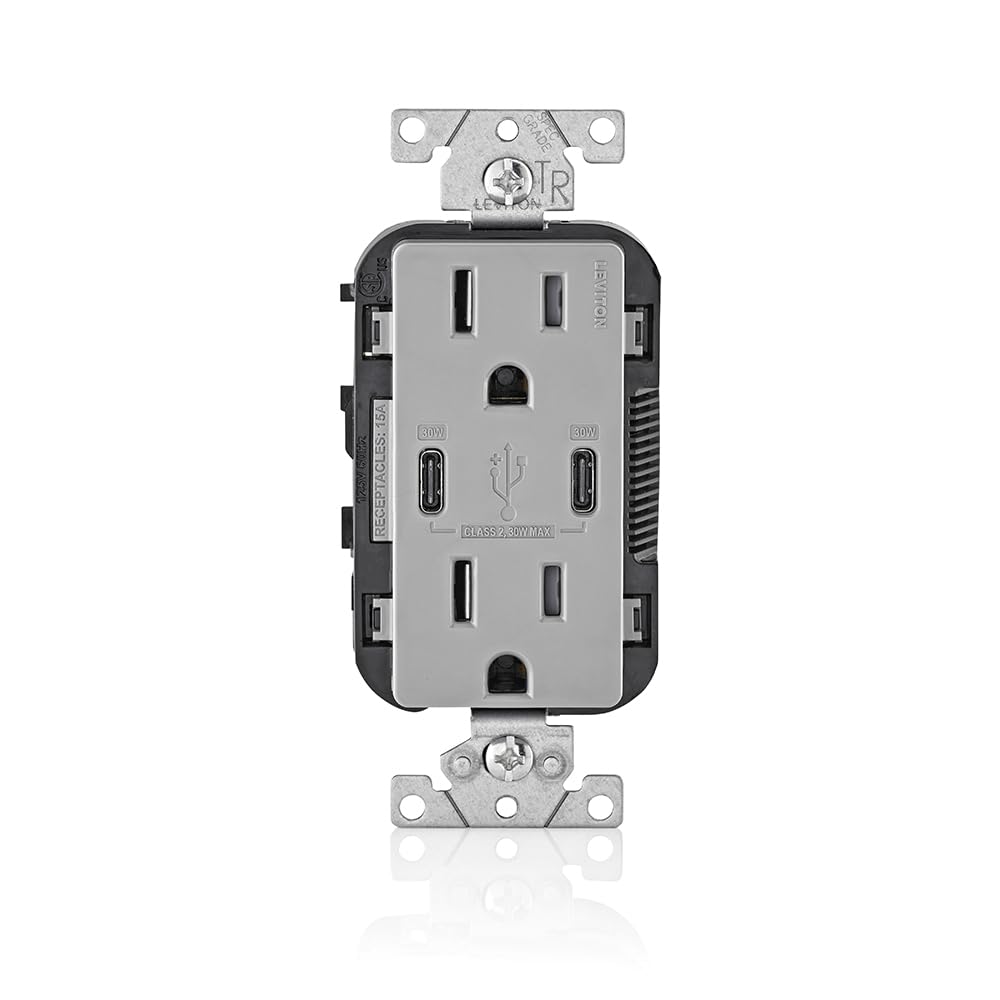 Leviton USB Dual Type C Receptacle 30 W, 6 Amp, 15 Amp Tamper-Resistant, T5635-00G, Grey