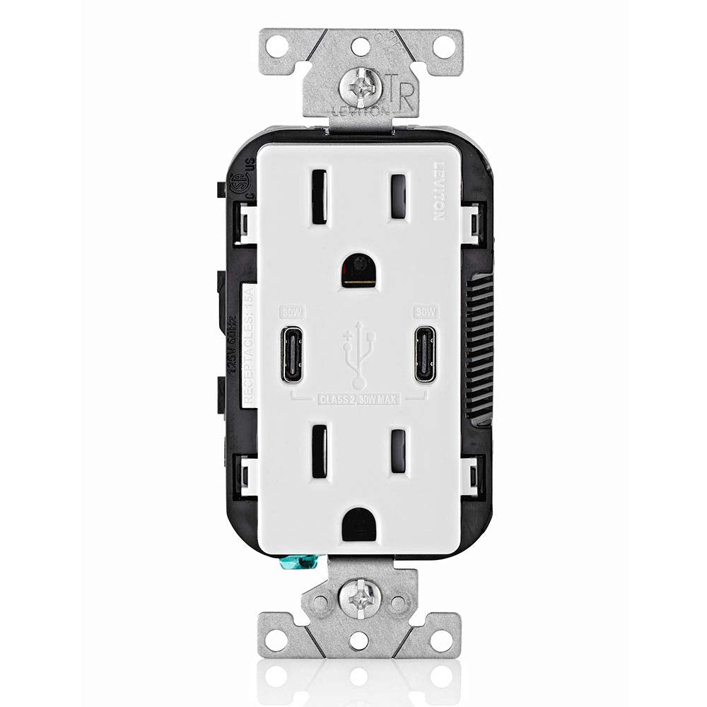 Leviton USB Dual Type C Receptacle 30 W (6 Amp), 15 Amp Tamper-Resistant, T5635-00W, White