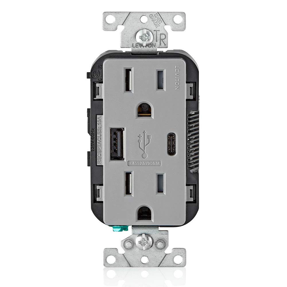 Leviton USB Type A-C Receptacle, 15 Amp Tamper-Resistant, T5633-0GY, Grey
