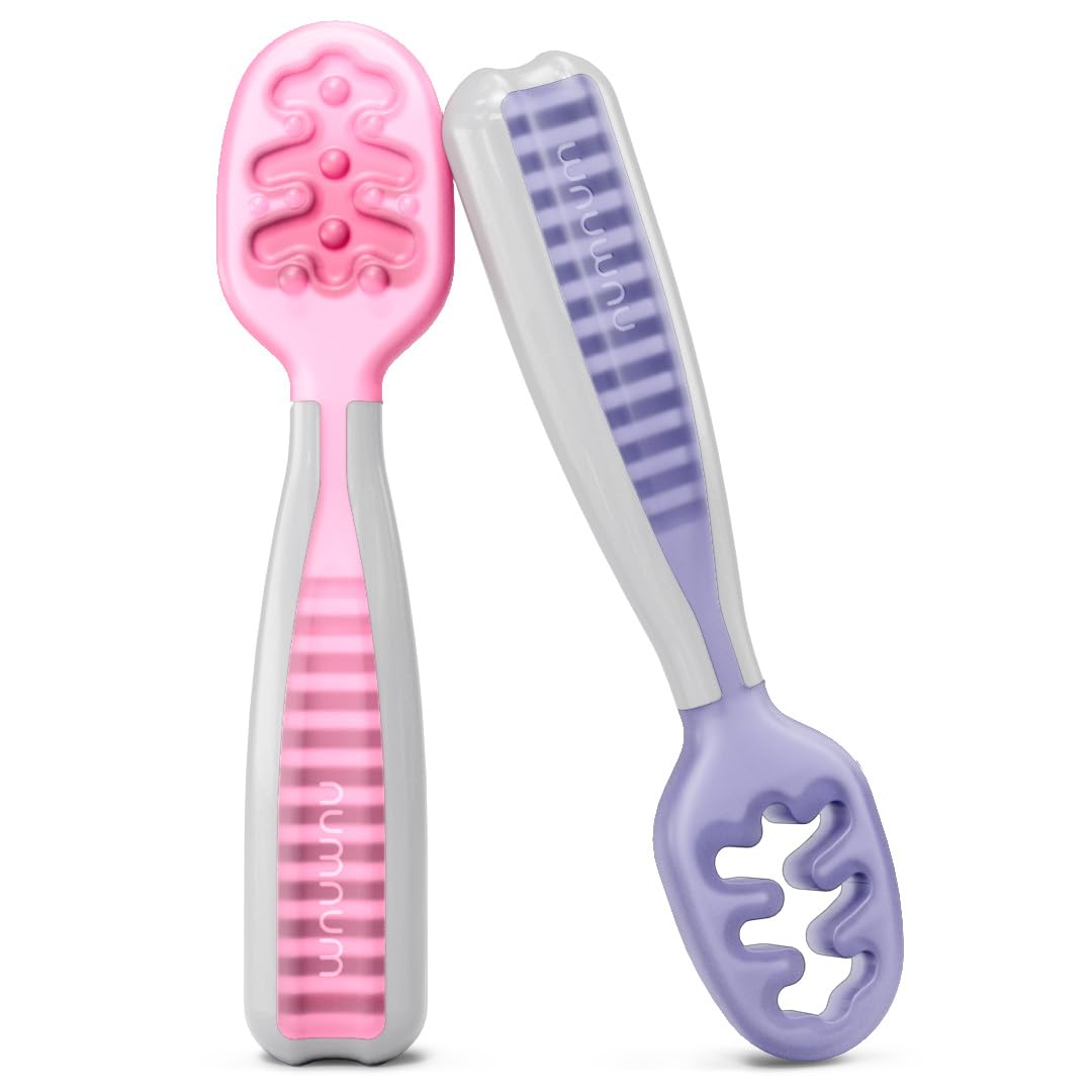 NumNum Pre-Spoon GOOtensils | Baby Spoon Set (Stage 1 + Stage 2) | BPA Free Silicone Baby Utensils for Self Feeding | for Kids Ages 6 Months+, 1-Pack (Two Baby Spoons), Frosty Lilac/Rosebud