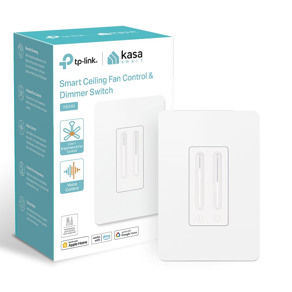 Kasa Smart Ceiling Fan Control & Dimmer Switch (KS240) - Adjustable 4-Speed Fan & Brightness Control, Works w/Apple HomeKit, Alexa & Google Home, Single Pole, 2.4G Wi-Fi Only, Neutral Wire Required