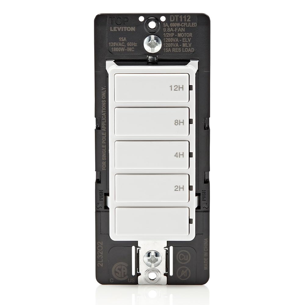 Leviton Countdown Timer Switch for Household Lights, heaters and Exhaust Fans, 2-4-8-12 Hour, No Neutral Wire Required, Single Pole, 15A, 1/2 HP/9.8A Fan/Motor, DT112-1LW, White