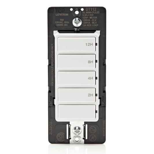 Leviton Countdown Timer Switch for Household Lights, heaters and Exhaust Fans, 2-4-8-12 Hour, No Neutral Wire Required, Single Pole, 15A, 1/2 HP/9.8A Fan/Motor, DT112-1LW, White