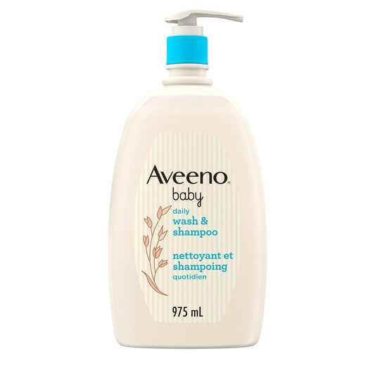 Aveeno Baby Wash and Shampoo - Gentle 2-in-1 Body Wash with Natural Oat Extract for Sensitive Skin - Tear-Free, Hypoallergenic Cleanser, Free from Parabens, Sulfates & Dyes - 975ml
