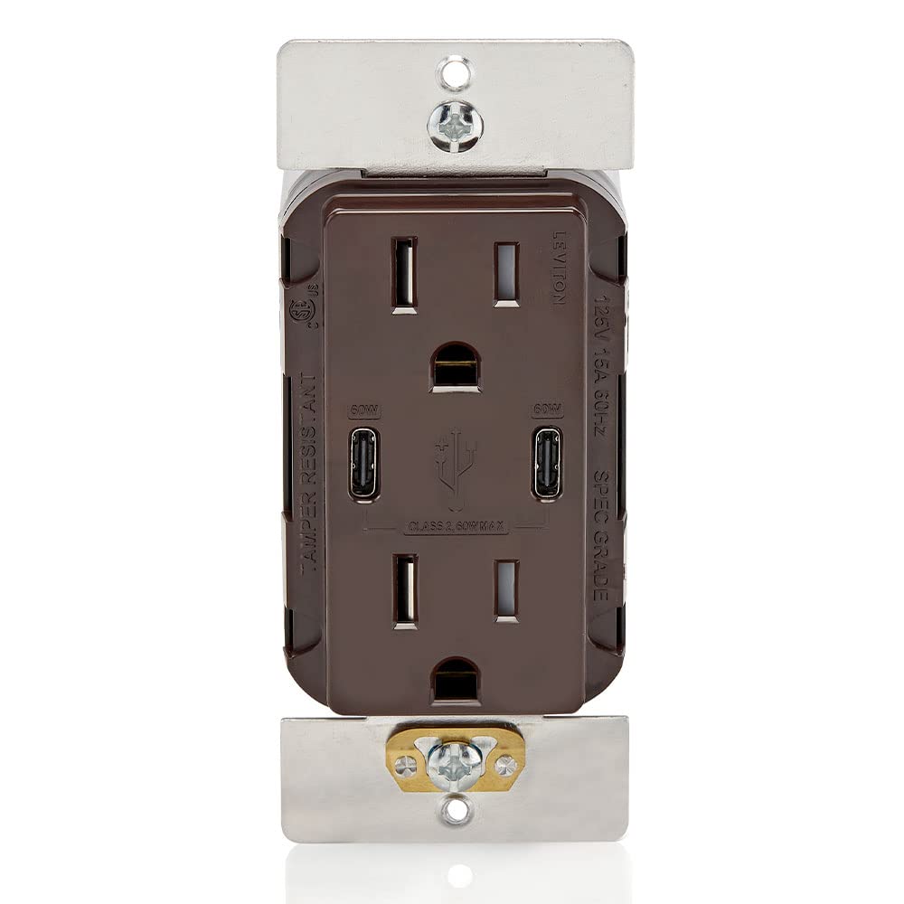 Leviton USB Receptacle Dual Type C, 15 Amp Tamper-Resistant, T5636-00B, Brown