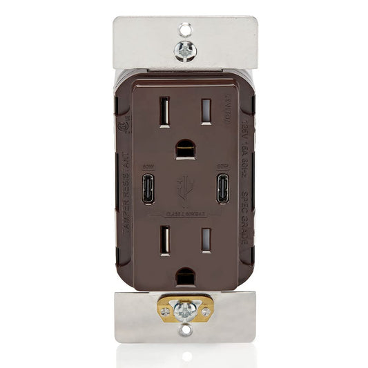 Leviton USB Receptacle Dual Type C, 15 Amp Tamper-Resistant, T5636-00B, Brown
