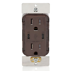 Leviton 60W (6A) USB Dual Type-C/C Power Delivery Wall Charger with 15A Tamper-Resistant Outlet, Brown