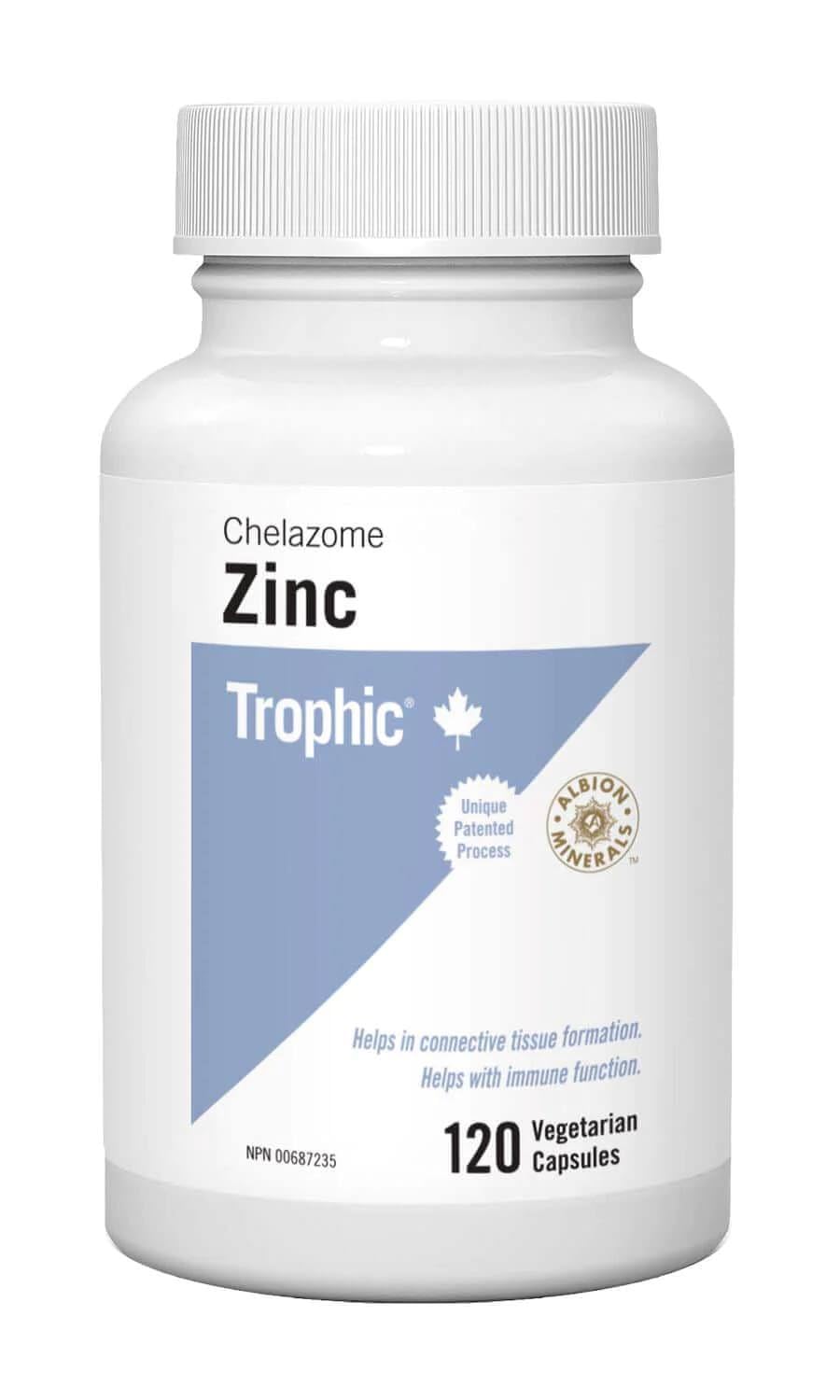 Trophic Zinc - Chelazome (30mg) 1 Count 120 caps. Helps in connective tissue formation. Chelated with natural amino acids, provides superior absorbtion. Helps with immune function.