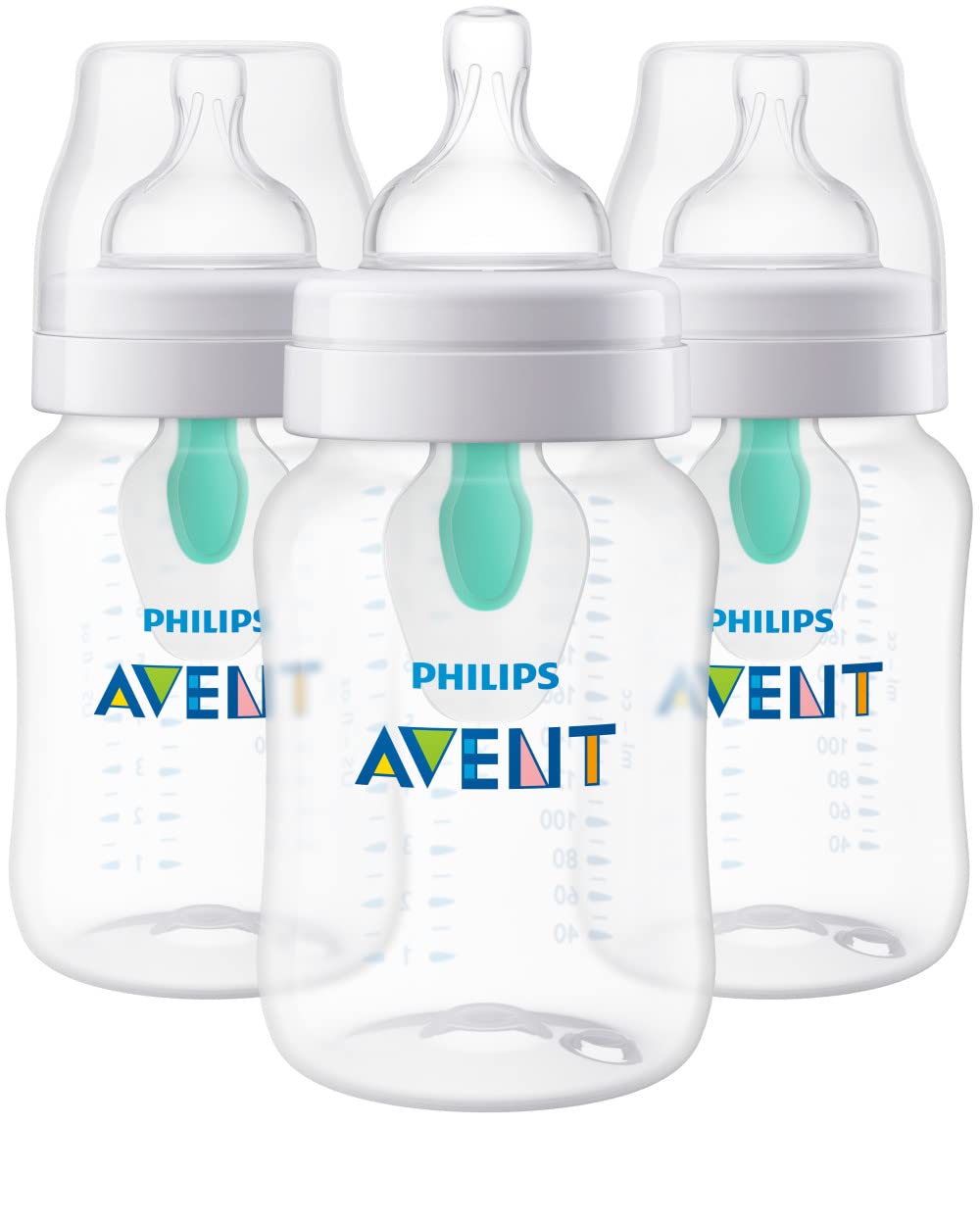 Philips Avent Anti-Colic Baby Bottle with AirFree Vent, Medium Flow 2 Nipple, 1m+, 9oz, 3 Pack, Clear, BPA-free, SCY703/03