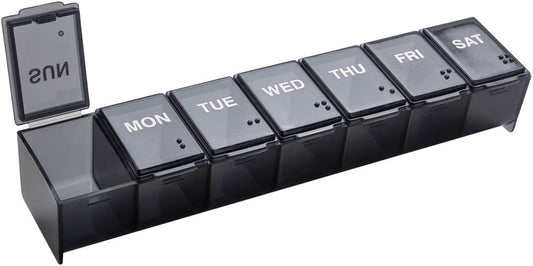 EZY DOSE Weekly 7-Day Pill Organizer, X-Large Vitamin and Medicine Box, Spacious Compartments for Pills and Supplements, Durable Black Design, Easy-Open Lids, Perfect for Home and Travel Use