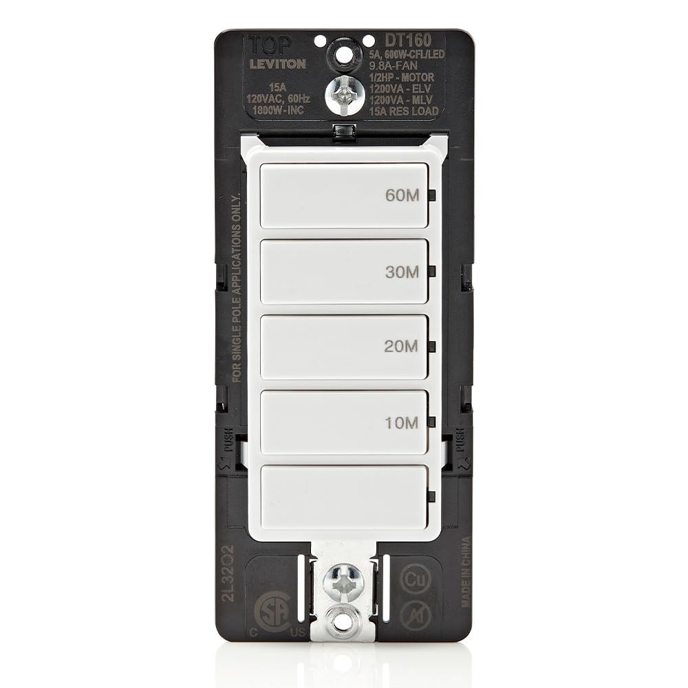 Leviton Countdown Timer Switch, 10-20-30-60 min, No Neutral Required, Single Pole, 15 Amp, DT160-1LW, White