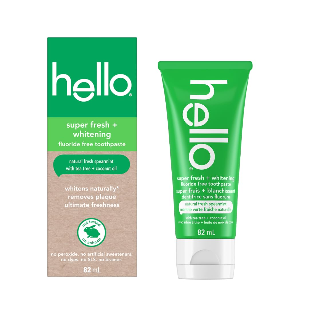 Hello Vegan Fluoride-Free Toothpaste, Moisturizing Hemp Seed Oil + Coconut Oil, Super Fresh Family Farmed Spearmint, Naturally Whitening Toothpaste, Helps Remove Plaque , 82ml