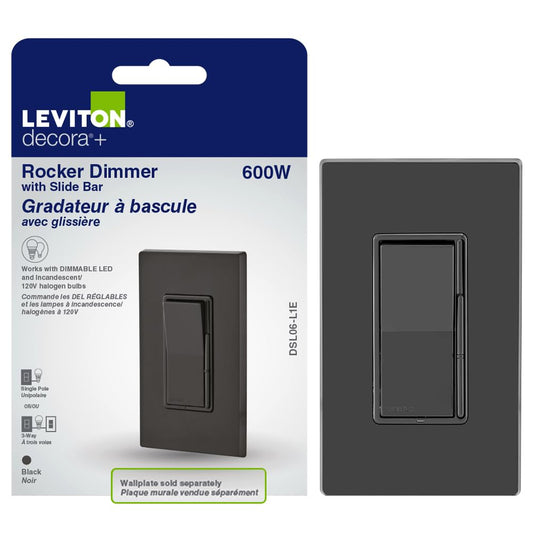 Leviton Decora Dimmer with Slide Bar and Rocker Switch, 15 Amp, DSL06-L1E, Black