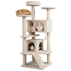 52 Inch Cat Tree with 1 Door and 2 Door Caves, Ramp and Sisal Posts, Beige