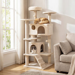52 Inch Cat Tree with 1 Door and 2 Door Caves, Ramp and Sisal Posts, Beige