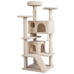 52 Inch Cat Tree with 1 Door and 2 Door Caves, Ramp and Sisal Posts, Beige