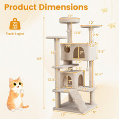 52 Inch Cat Tree with 1 Door and 2 Door Caves, Ramp and Sisal Posts, Beige