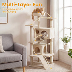 52 Inch Cat Tree with 1 Door and 2 Door Caves, Ramp and Sisal Posts, Beige