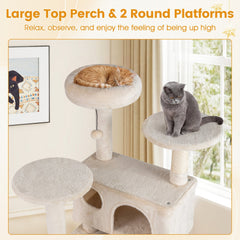 52 Inch Cat Tree with 1 Door and 2 Door Caves, Ramp and Sisal Posts, Beige