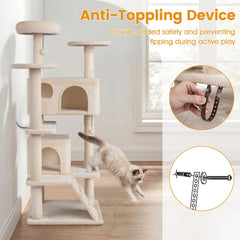 52 Inch Cat Tree with 1 Door and 2 Door Caves, Ramp and Sisal Posts, Beige