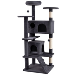52 Inch Dark Gray Cat Tree with Two Caves, Ramp and Anti Toppling Device